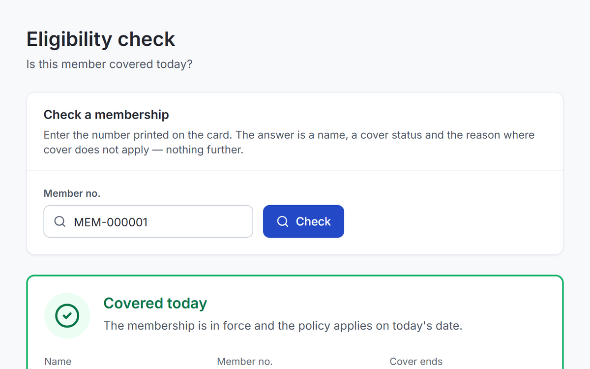 The provider portal: eligibility checked by member number before treatment