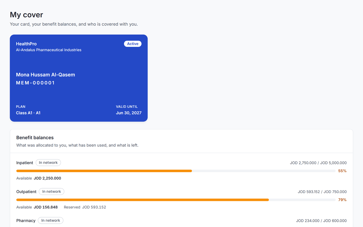 The digital card in the member portal: plan, validity and balances